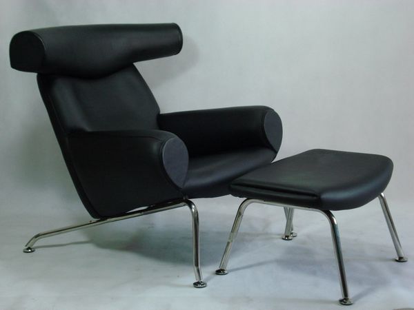 OX Lounge Chair with Ottoman in Black Italian Leather by  Hans J. Wegner[2]